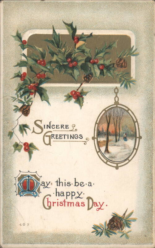 Christmas Greetings with Holly, Pinecones, and Winter Landscape Scene