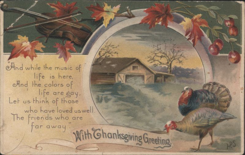 Thanksgiving Greeting with Turkeys, Autumn Leaves, Violin, and Sentimental Verse