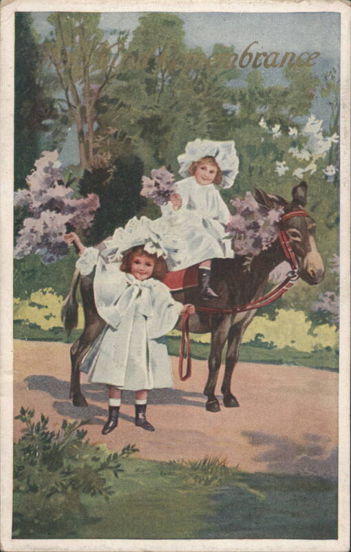 Girls Riding Donkey with Lilacs, 'In Loving Remembrance'