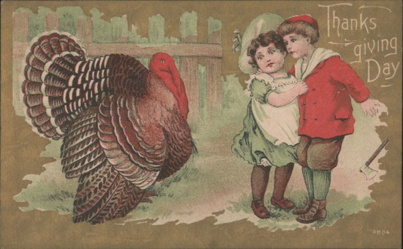 Thanksgiving Day Children with Turkey and Fence Turkeys