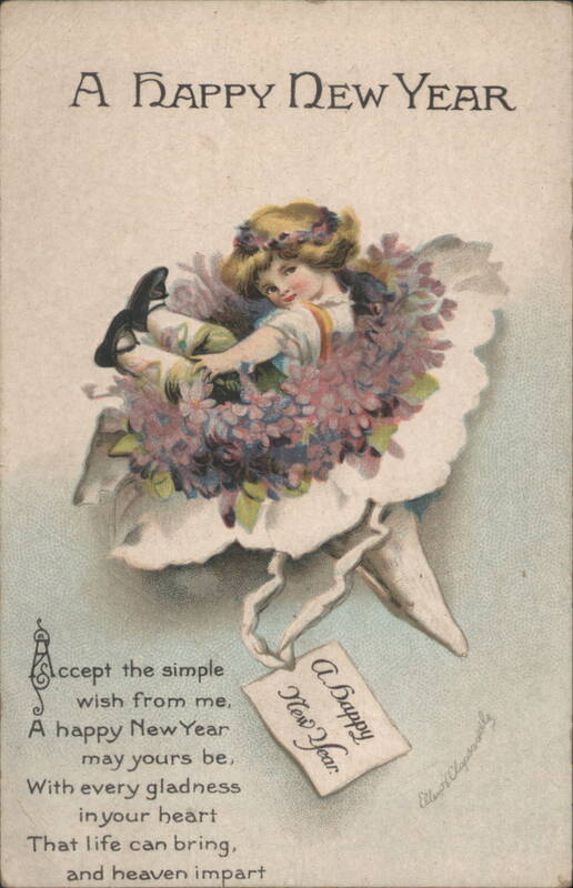A Happy New Year with Angel Girl and Flowers by Ellen H. Clapsaddle