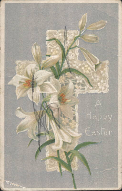 White Lilies on Decorative Cross for Happy Easter Greeting