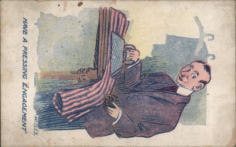 Comic Man Ironing Striped Pants, 'Have a Pressing Engagement' Pun