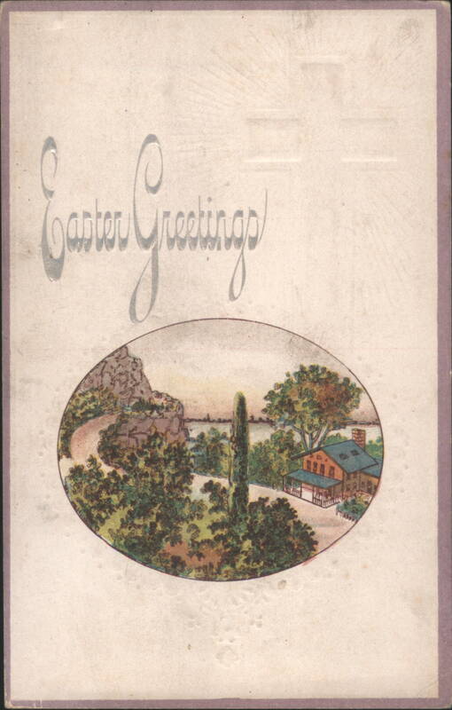 Easter Greetings Scenic Landscape with House and Water View Embossed