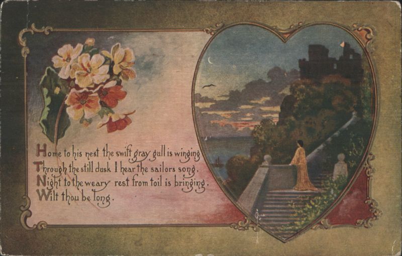 Heart-Shaped Castle Scene with Woman, Floral Border, and 'Wilt Thou Be Long' Poem