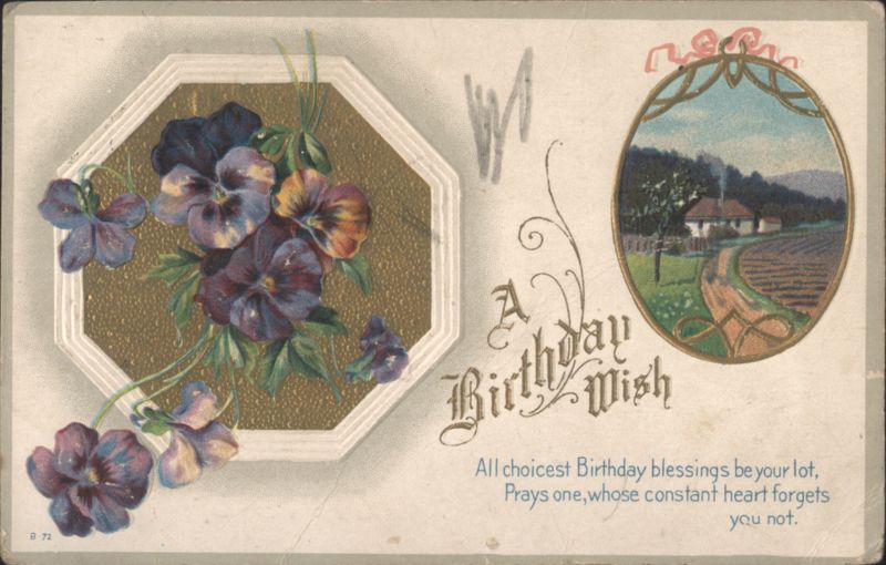A Birthday Wish with Pansies & Rural Landscape, Postmarked 1915