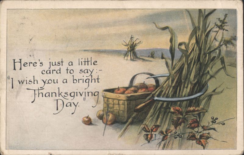 Thanksgiving Day Greeting with Basket of Apples and Corn Stalks