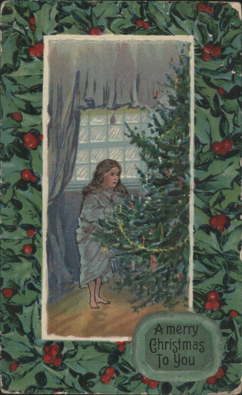 Young Girl Decorating Christmas Tree, Holly Berry Border, Christmas Greeting