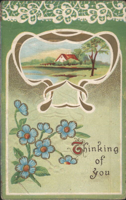 Thinking of You Greeting with Lakeside House and Blue Flowers