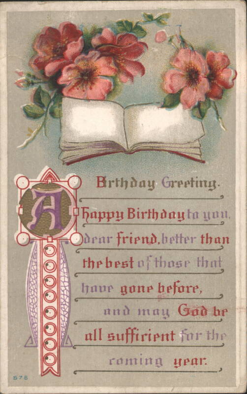 Birthday Greeting with Open Book, Pink Flowers, and Decorative 'H'
