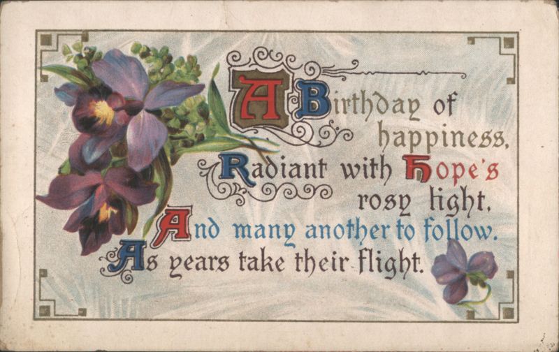 Birthday Greeting with Ornate Text and Purple Irises