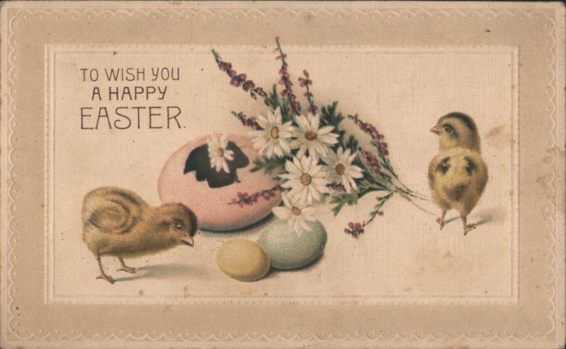 Happy Easter Greeting with Chicks, Eggs & Flowers
