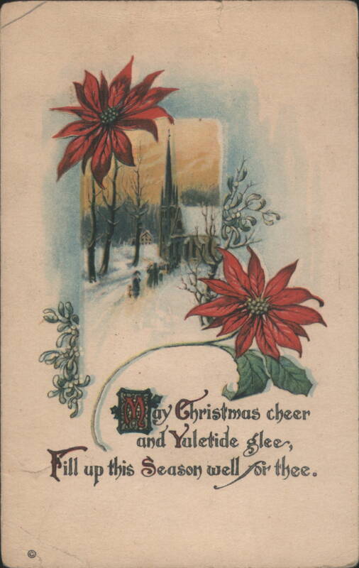 Christmas Poinsettias, Snowy Village Church, 'May Christmas Cheer' Greeting