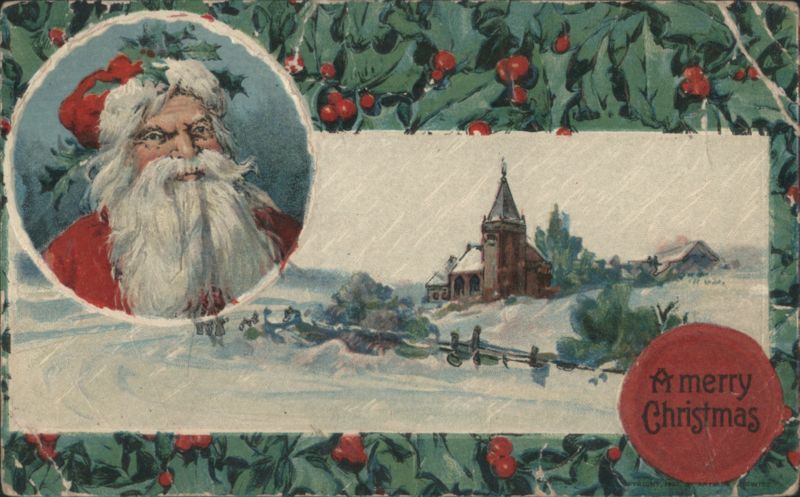 Santa Claus and Snowy Village with Church, Holly Border, A Merry Christmas