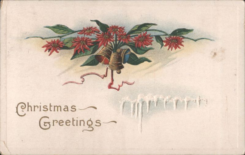 Christmas Greetings with Bells, Red Flowers & Icicles
