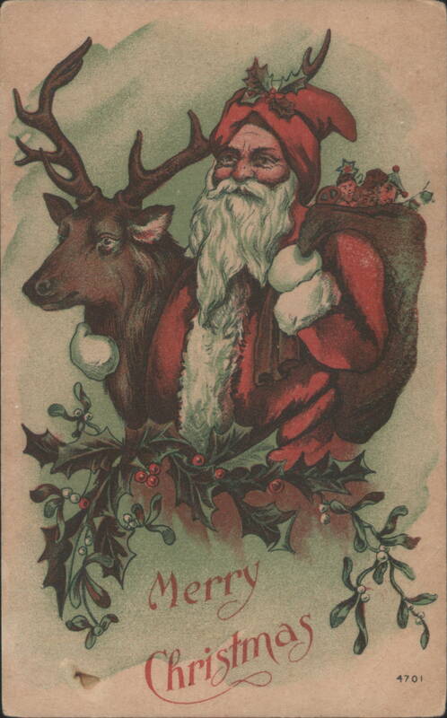Santa Claus with Reindeer and Holly, Merry Christmas Greeting