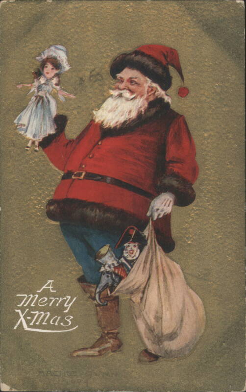 Santa Claus with Doll and Sack of Toys, A Merry X-Mas