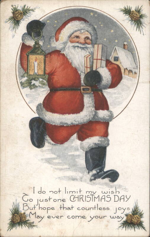 Santa Claus with Lantern and Gifts, Christmas Day Greeting