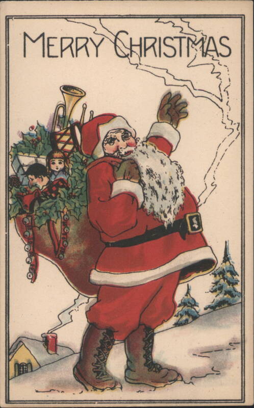 Merry Christmas Santa Claus with Bag of Toys and Children in Snow