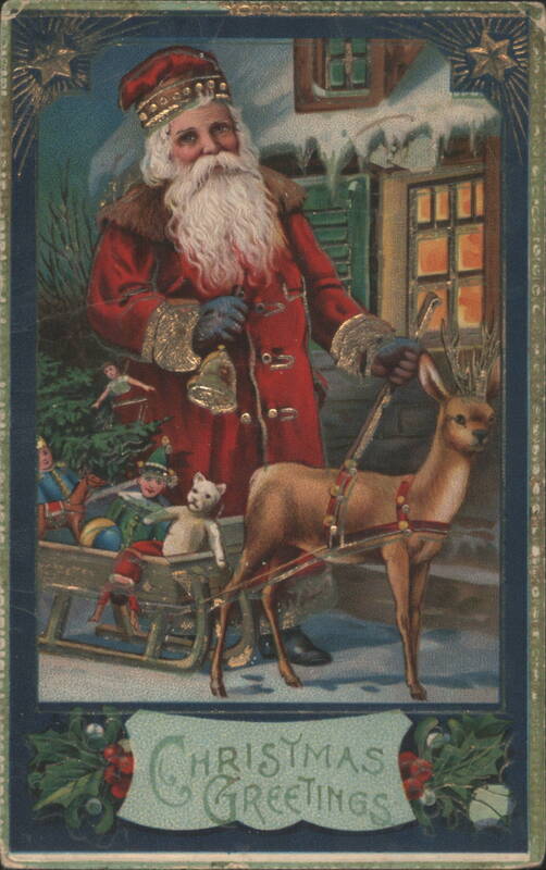 Santa Claus with Reindeer, Sleigh, Children, and Christmas Greetings