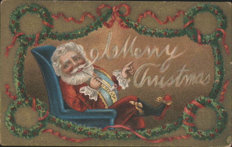 Jolly Santa Claus in Armchair with Pipe, Merry Christmas Garland Frame
