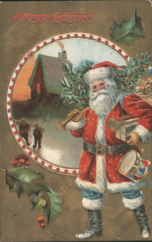 A Merry Christmas Santa Claus with Tree, Drum, and Horn