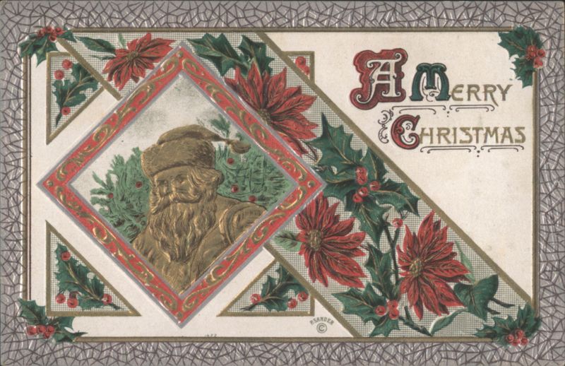 Merry Christmas Greeting with Embossed Santa Claus, Holly & Poinsettias