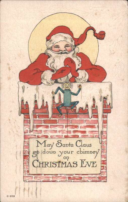 Santa Claus on Chimney with Elf, 'May Santa Claus go down your chimney'