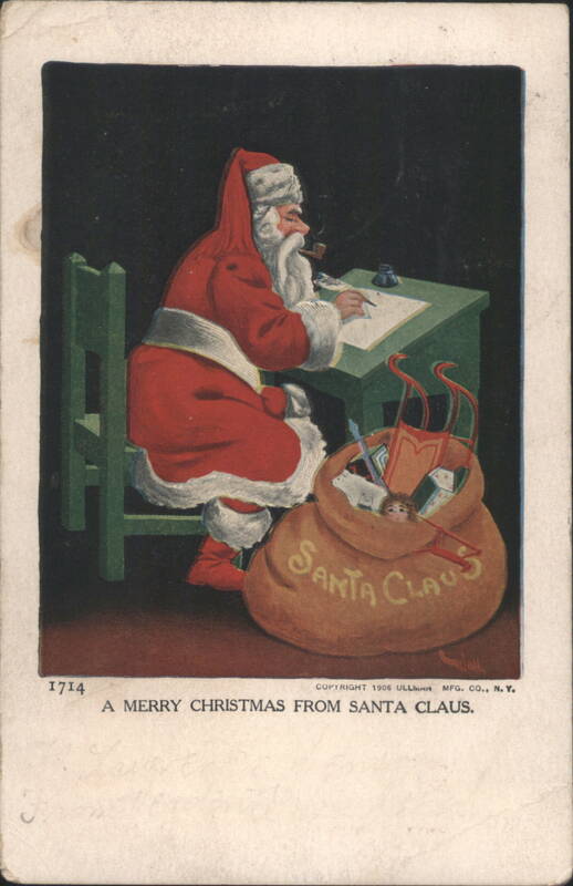 Santa Claus Writing Letters at Desk with Sack of Toys, Christmas Greeting
