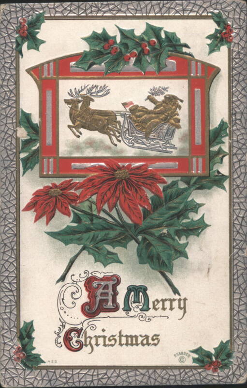 A Merry Christmas with Santa Claus, Deer, Holly, and Poinsettias