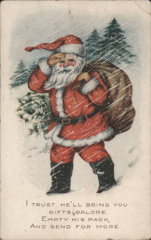 Santa Claus Carrying Gifts in Snow, Christmas Greeting