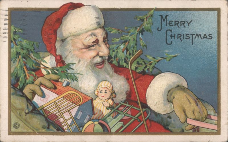 Santa Claus with Toys and Christmas Tree Branch, Merry Christmas Greeting
