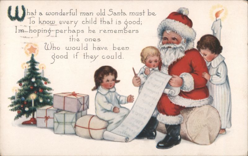 Santa Claus with Children Checking Naughty or Nice List at Christmas