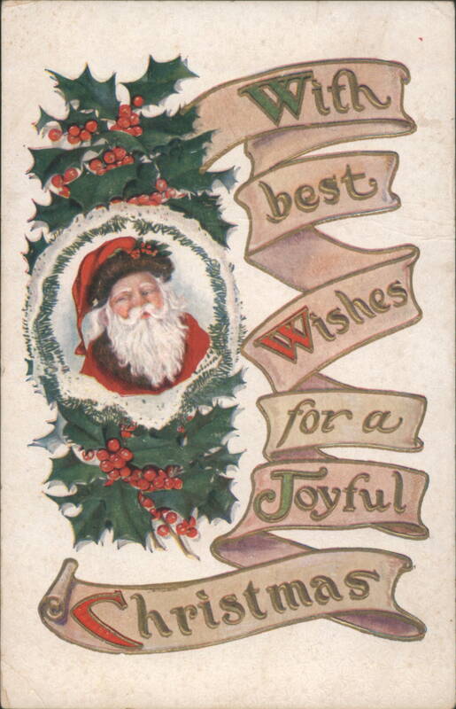 Santa Claus in Holly Wreath with Joyful Christmas Greeting