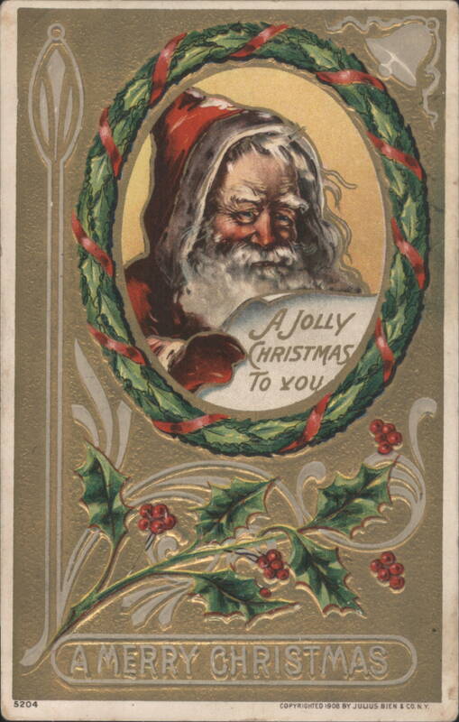 Santa Claus in Holly Wreath with A Jolly Christmas To You Greeting
