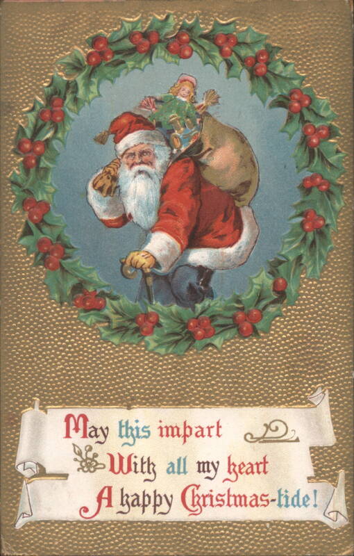 Santa Claus with Doll in Holly Wreath, Christmas Greeting