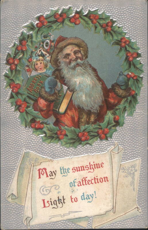 Santa Claus with Address Book & Child in Holly Wreath, Holiday Greeting