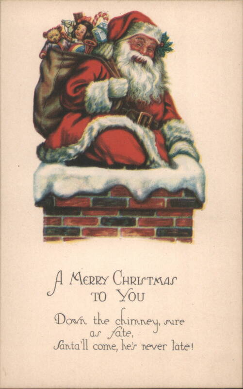 Santa Claus on Chimney with Toys, Merry Christmas Greeting