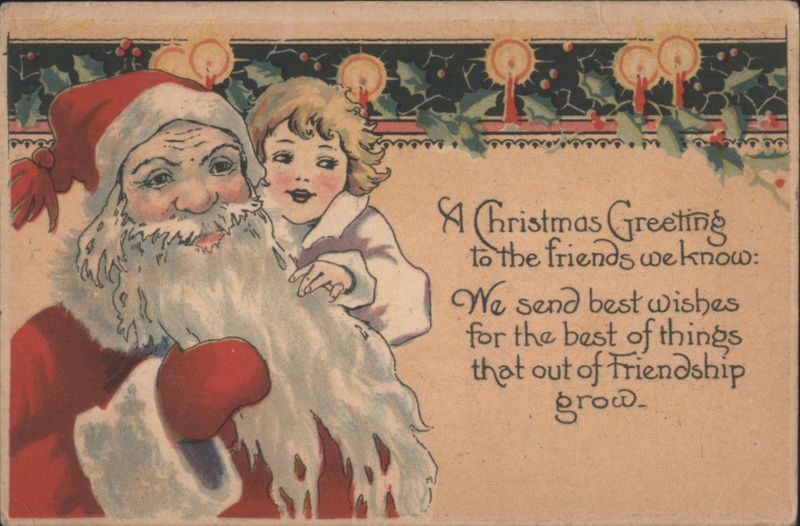 Santa Claus with Child Christmas Greeting, Holly & Candles