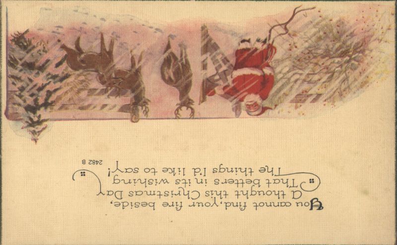 Santa Claus & Deer in Snowy Christmas Scene with Holiday Poem