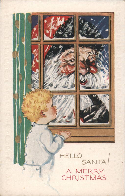 Santa Claus Peeking Through Window at Child, Merry Christmas Greeting