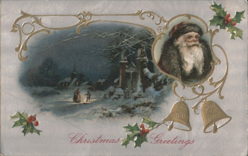 Santa Claus, Snowy Winter Scene with Church, Holly & Bells, Christmas Greetings