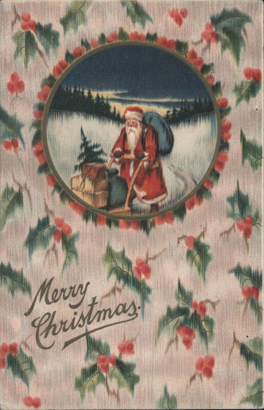 Santa Claus in Snowy Forest with Sleigh and Holly Border, Merry Christmas