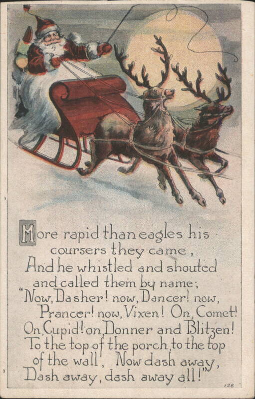 Santa Claus in Sleigh with Reindeer, Now, Dasher! now, Dancer! Poem