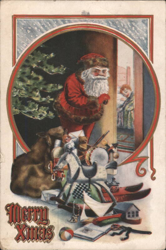 Santa Claus with Christmas Tree and Toys, Merry Xmas Greeting