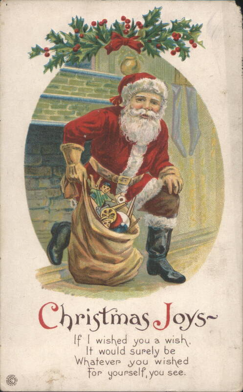 Santa Claus Kneeling with Sack of Toys, Christmas Joys Greeting