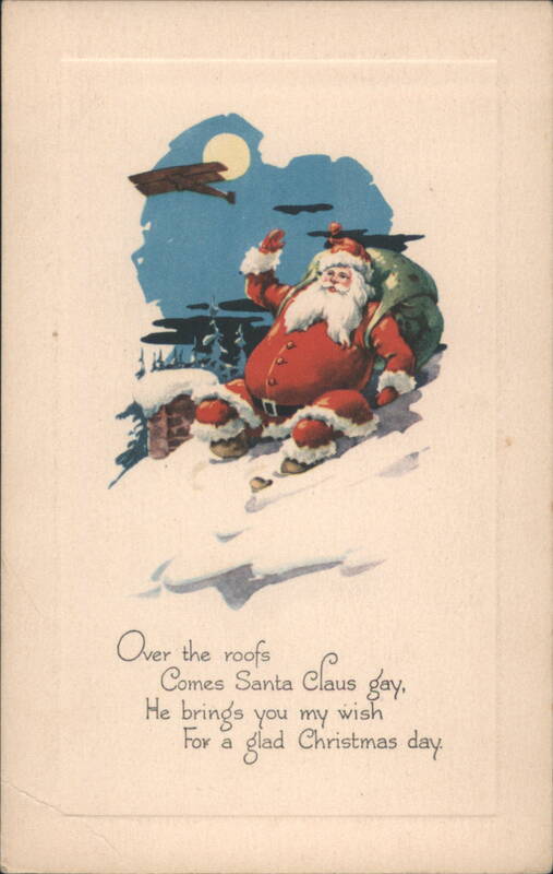 Santa Claus on a Snowy Rooftop with Biplane, Christmas Greeting