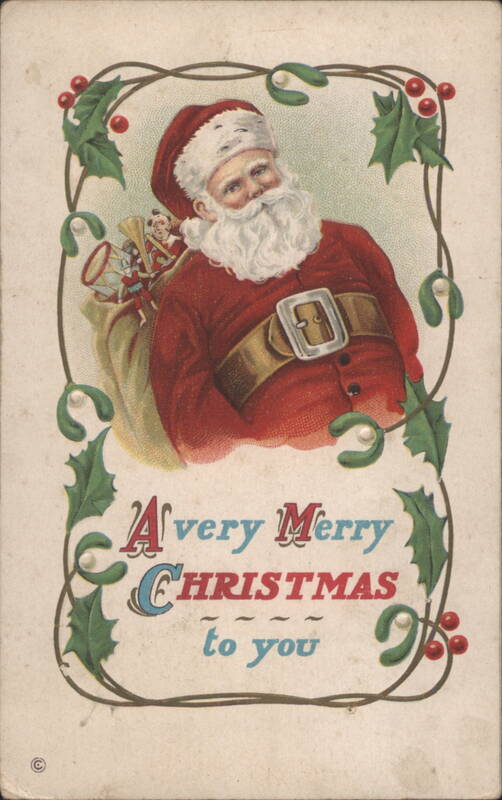 Santa Claus with Elf and Toys, Holly and Mistletoe, 'A Very Merry Christmas