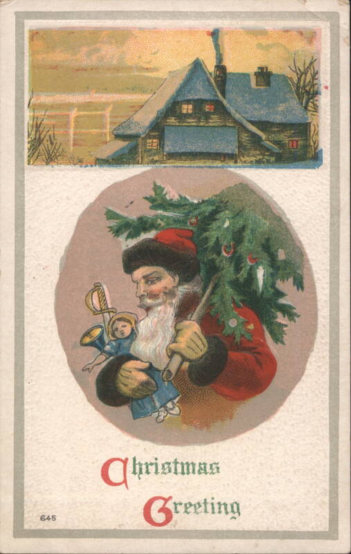 Santa Claus with Christmas Tree, Doll, and Snowy Cabin