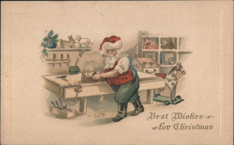 Santa Claus in Workshop Making Toys, Best Wishes for Christmas